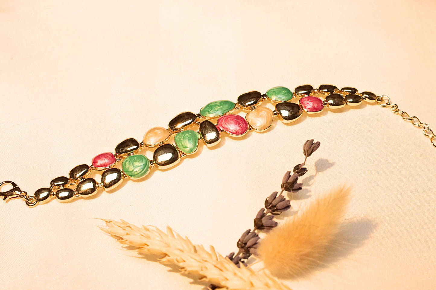 Gold-Plated Gemstone Statement Bracelet – Elevate your look with this dazzling blend of gold-plated elegance and bold hues.