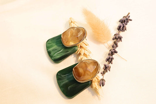 Stunning green and brown marbled stone earrings with a gold-plated frame.