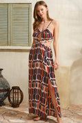 Boho Luxe Open-Back Maxi Dress with front cut-out and high side slit in earthy geometric print.