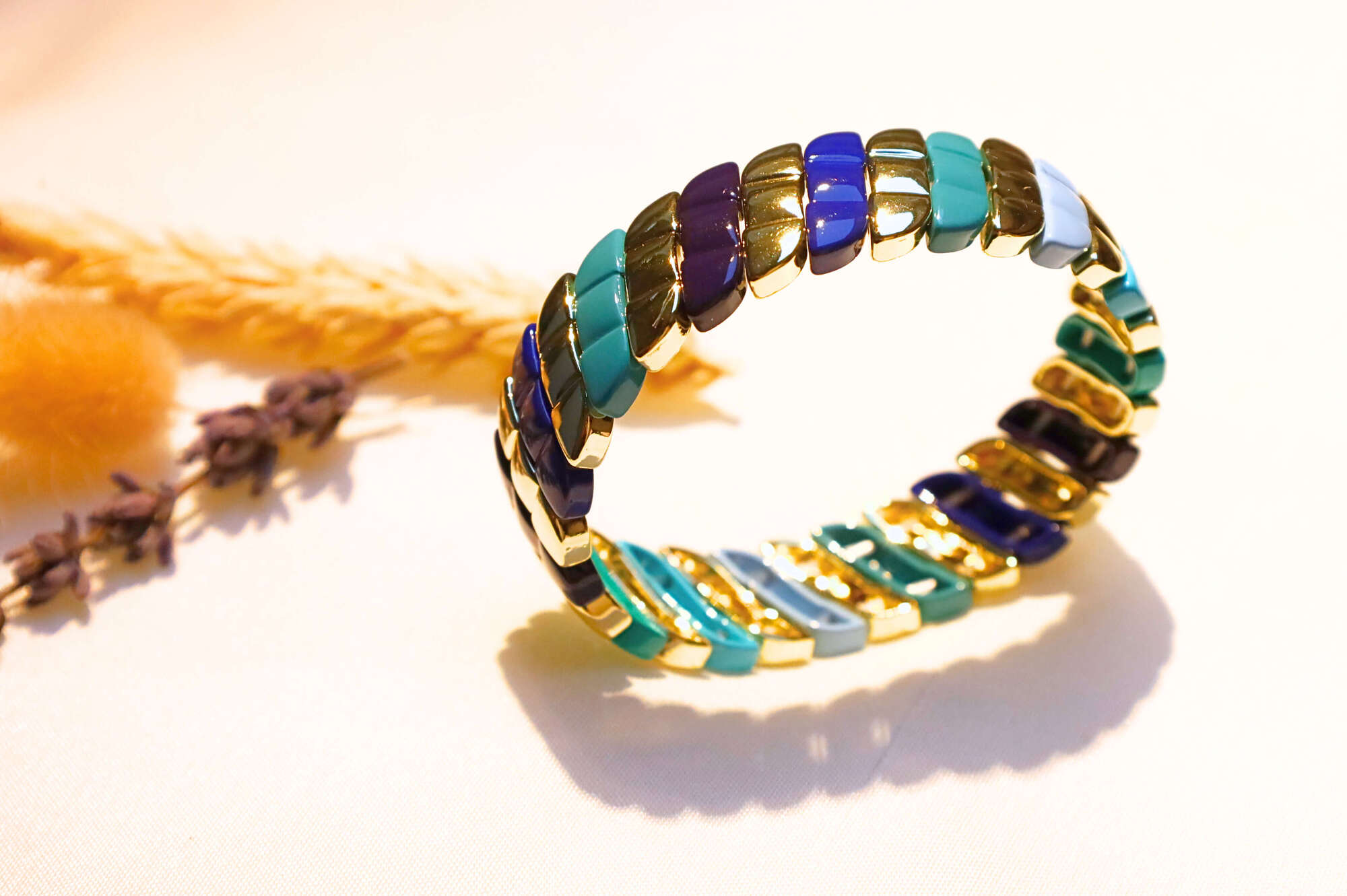 Gold Boho Mosaic Bracelet – Elegant gold detailing with striking blue and turquoise hues, perfect for a bold, stylish statement.