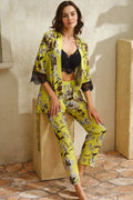 Elegant boho lounge set featuring a printed kimono and soft lace bralette.
