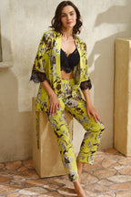 Elegant boho lounge set featuring a printed kimono and soft lace bralette.