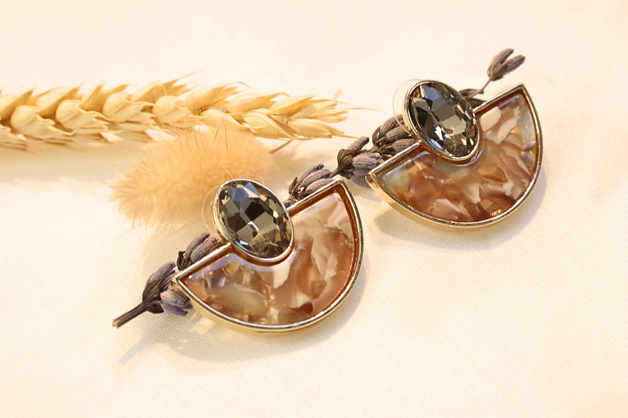 Luxe Crescent Gem Earrings – lightweight, stylish, and luminous with gold accents and a unique marble design.