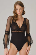 Elegant black lace bodysuit with sheer mesh sleeves and deep V-neckline.
