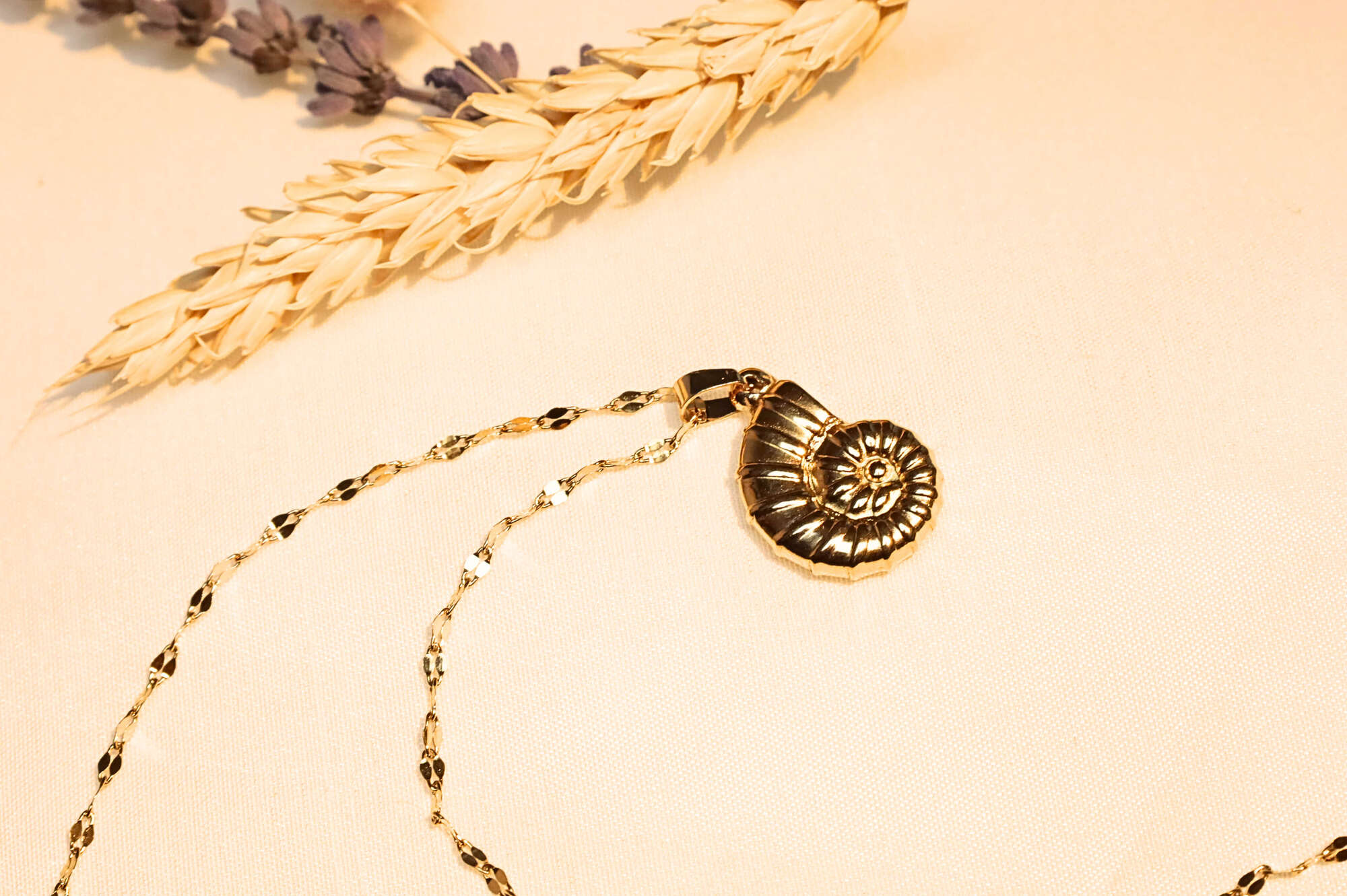 Spiral seashell necklace – A graceful jewelry piece reflecting nature’s aesthetic.