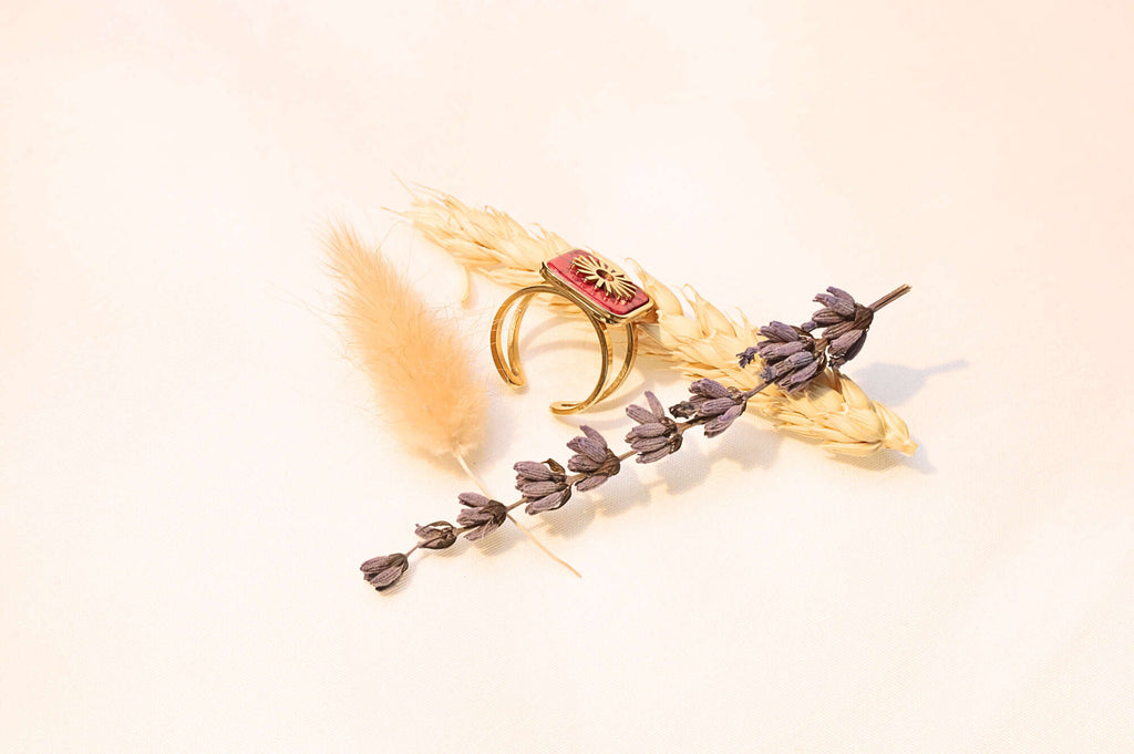 Red natural stone ring, handmade with gold-plated details